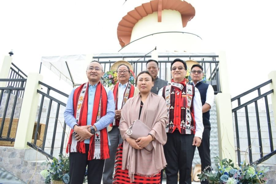 Advisor Mmhonlumo Kikon, Rajya Sabha MP Phangnon Konyak and others following the inauguration of the new Etiben Memorial Tower at Mopongchuket on May 2. (Morung Photo)